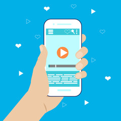 Mobile phone in hand with a video player on the screen. Video application for smartphones. Streaming video on your phone. Vector flat illustration for advertising, websites, banners, infographics.