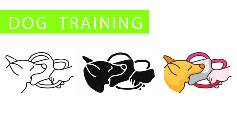 dog traning, icons set, dog practicing attack, protection