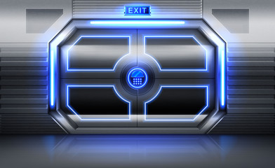 Metal door with exit sign, neon glowing and panel with buttons for password insert. Sliding gates in spaceship . shuttle or secret laboratory entrance, ski-fi bunker. Realistic 3d vector illustration © klyaksun
