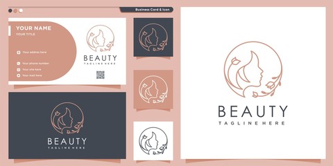 Beauty logo with woman inside circle style and business card design template, flower, logo, woman, Premium Vector