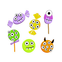 Halloween candy collection. A set of sweets. Popular on selected desserts, sweets for children. Jelly, candies, toffee, caramel, licorice. Hand drawn food for the holiday.