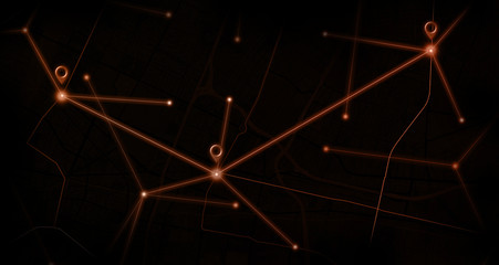 GPS.navigator On the mockup of the map Green pins that glow on a modern black background.