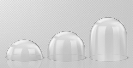 Realistic glass domes, christmas snow globe souvenirs isolated on transparent background, crystal semisphere containers small, medium and large size. Festive xmas gift mock up. Realistic 3d vector set © klyaksun