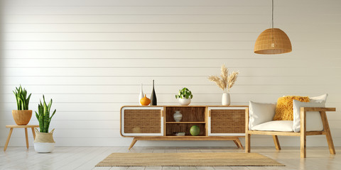 Interior design of bright apartment, living room with a sideboard and an armchair and other elements of decoration, 3d rendering