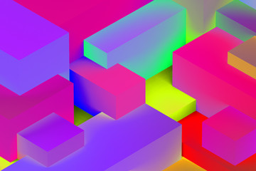 Obraz premium Abstract geometric cubic colorful in neon lights background. isometric 3d render.
