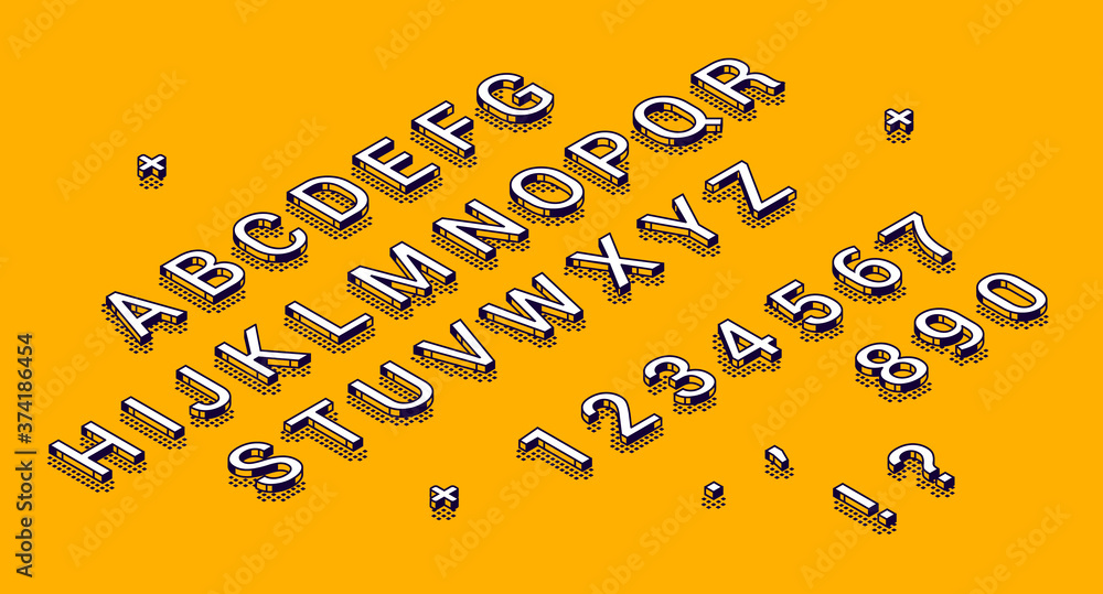 Fototapete isometric alphabet, numbers and punctuation marks lying in row on yellow background. abc uppercase l