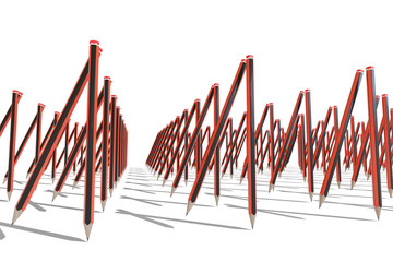 Red and black graphite pencils marching like soldiers isolated on white background. Back to school concept. 3d illustration.