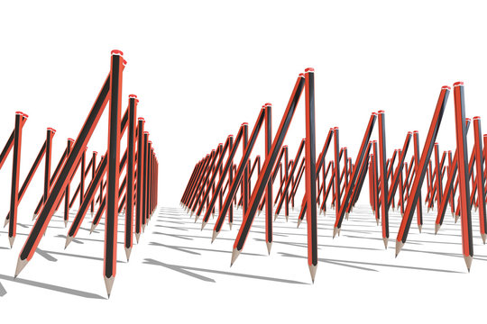 Red and black graphite pencils marching like soldiers isolated on white background. Back to school concept. 3d illustration.
