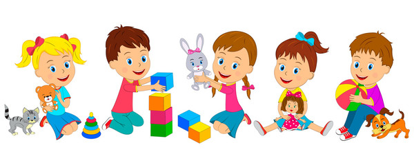 cartoon little kids play with toys,illustration,vector