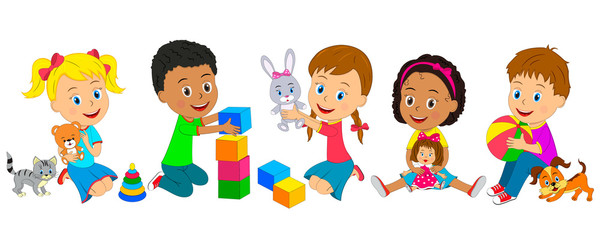 cartoon little kids play with toys,illustration,vector