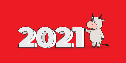 Cover of the desktop calendar for 2021. A cute spotted white cow or bull holds the numbers 2021. 2021 is the year of the ox in the Eastern or Chinese calendar. Vector stock flat ready-to-print