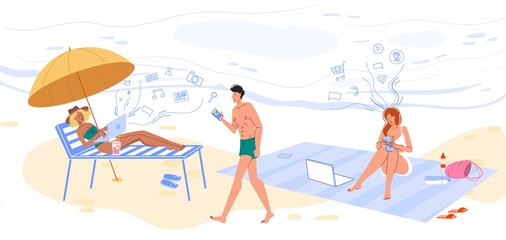 Fototapeta premium Online communication working studying from tropical beach. Man woman using laptop, smartphone wireless digital technology resting on sand exotic island. Be always connected at any location concept