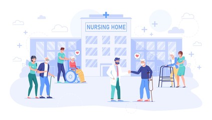 Nurse, doctor taking care about senior grandmother, grandfather in hospital. Nursing home building exterior. Rehabilitation, health care for old, sick, disabled people. Center for retired man, woman