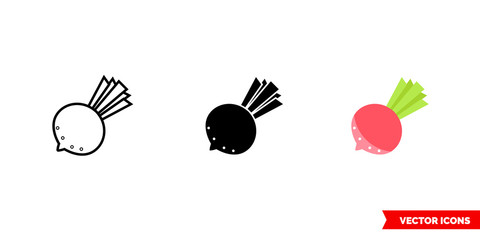 Radish icon of 3 types color, black and white, outline. Isolated vector sign symbol.