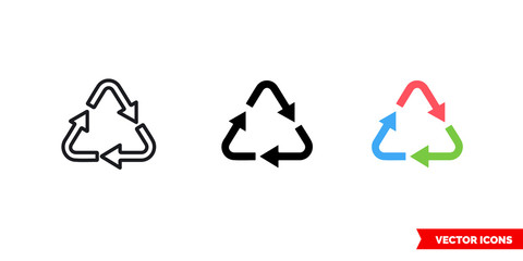 Recycling icon of 3 types color, black and white, outline. Isolated vector sign symbol.