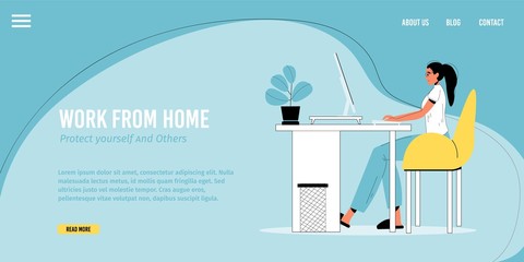 Work from home, remote job occupation. Young woman working online on computer making money sitting at desk on room. Stay home, protect yourself people promotion. Landing page design template