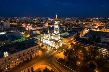 Fototapeta na wymiar Night aerial view to Holy Dormition Cathedral in Kharkiv