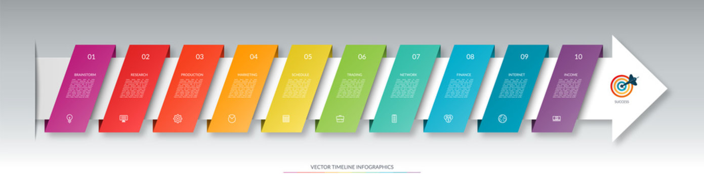 Infographic Arrow Timeline Template With 10 Steps. Can Be Used For Web Design, Diagram, Chart, Business Presentation.