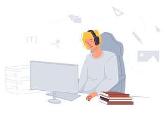 Teenager man watching listening design lecture lesson online. Character wearing headset sitting at table front of computer. Remote education. Video tutorial application. Home schooling, e-learning