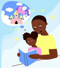 Father and daughter reading a book. Girl presents a fairy tale from a book. Development of children's fantasy. Vector family characters in flat style.