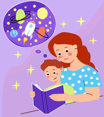 The boy is reading a book with mom. The child fantasizes. Reading for children  to develop fantasy and reading skills,Vector illustration flat cartoon style.