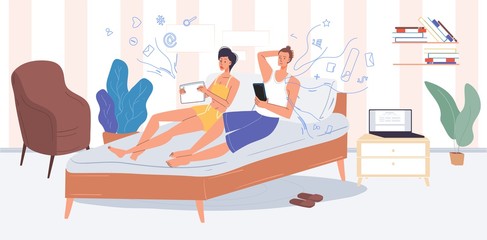 Family couple using digital gadget lying in bed. Man woman pair chatting friend online, gaming, working, reading news, procrastinating Mobile phone addiction, internet or social media dependence.