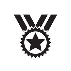 Award badge with ribbon - black icon on white background. Certificate champion winner concept sign. Medal icon design. Vector illustration.  