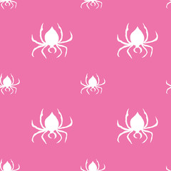 Watercolor illustration seamless pattern with hanging white spiders for decoration and covering on a pink background. cute background for Halloween.