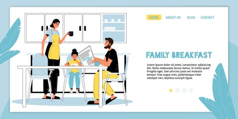 Happy family breakfast. Parent children good time together. Morning routine. Mother cooking snack. Father reading newspaper drinking coffee, daughter eating milk porridge. Landing page layout