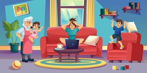 Naughty children parenting. Annoyed angry mother freelancer working on computer in home living room. Grandmother babysitting. Child poor discipline. Remote work. Kid on summer holidays, quarantine