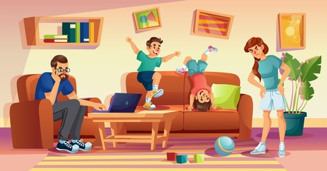 Angry mother, annoyed father, naughty kids at home. Man freelancer trying to work online on laptop. Woman scolding children for mess in living room. Rowdy boys jumping on sofa. Child bad behavior