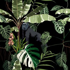 Seamless pattern with monstera, liana, leaves, orchid flowers and monkey gorilla animals. Illustration on black background. © Iuliia