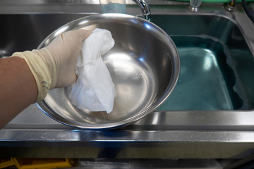  large silver saline bowl is cleaned in an OP