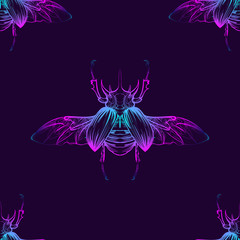 seamless pattern of a drawn abstract rhinoceros beetle on a dark blue background. Botanical design. Perfect for gift packages, labels, textiles, postcards. EPS 10