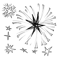 Raster set of drawn stars. Rough black outline in pen on white paper. Isolated linear images.