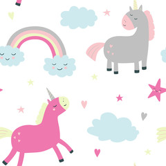 Children's pattern with unicorns, clouds, stars, hearts, rainbows. Vector seamless pattern for children. For wallpaper, textiles, fabric, paper.