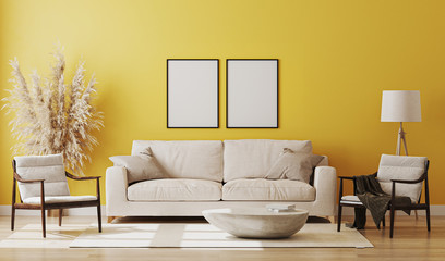 Blank two poster frames mock up in yellow room interior , 3d rendering