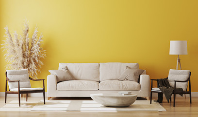 Yellow room interior, living room interior mockup, empty yellow wall, 3d rendering © Oleksandr