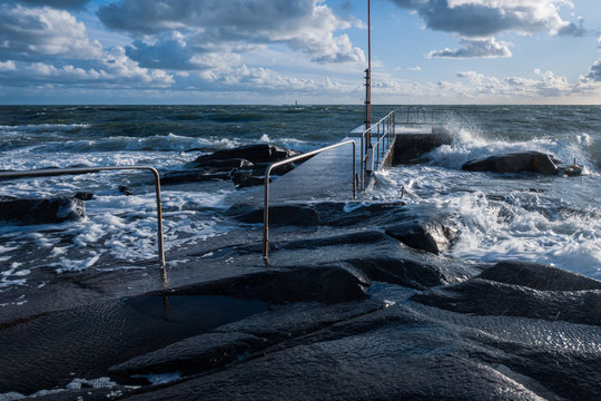 pier on the rocky coast at varberg in sweden