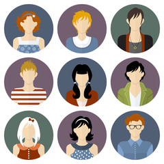 Boys and girls icons set in flat style.