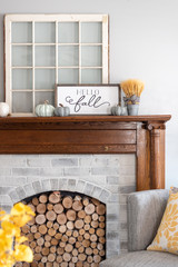 Hello fall sign on the mantel - autumn style for the home