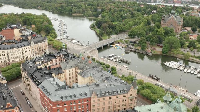Strandvagen and Djurgarden in Stockholm City, aerial view from above