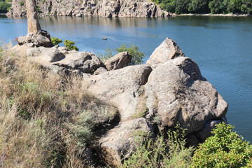 rocky coast of the river. panoramic view of a large and wide river