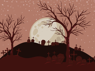 Halloween crosses graves and trees in front of moon landscape design, Holiday and scary theme Vector illustration