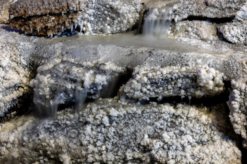 Raw salt deposited on rocks in an underground salt mine