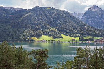 Fototapeta premium beautiful nature summer mountain and lake, landscape with copy space of summer vacation and business travel concept