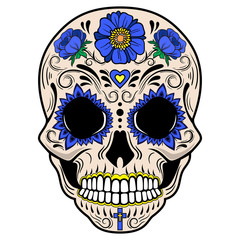 Sugar skull with ornament and blue flowers.