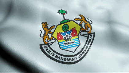 Fototapeta premium 3D Waving Malaysia City Council Flag of Seberang Perai Closeup View