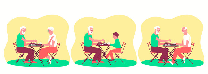 Set of people playing chess. Board game for two people. Chess stands on a chessboard. Flat vector illustration.
