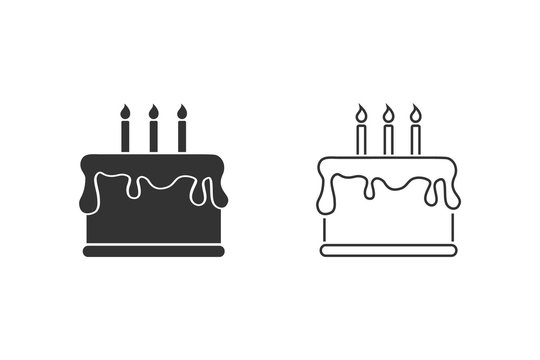 Happy Birthday and Cake Line Icon Set. Vector